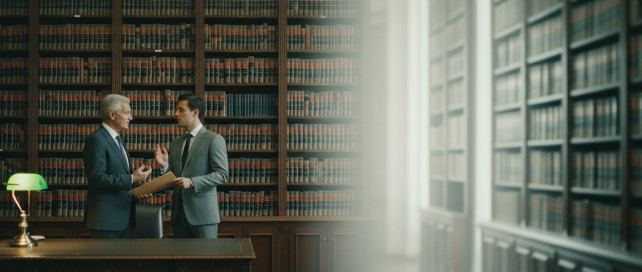 A senior attorney and his administrator talking in a small law firm library