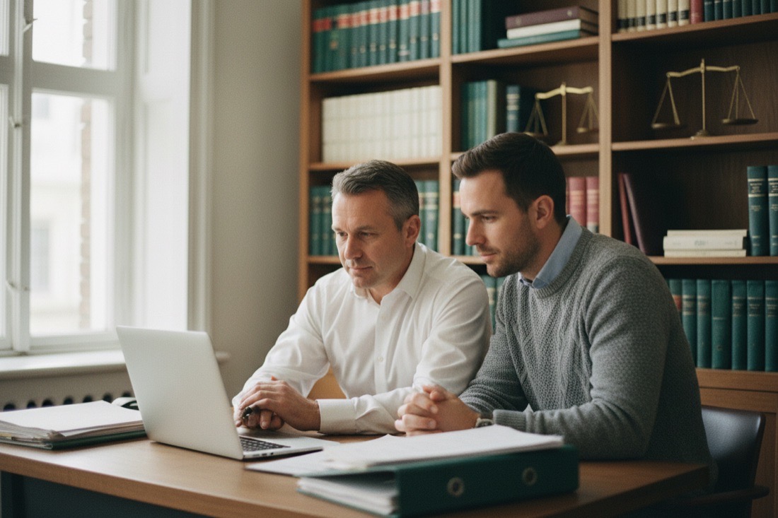 An attorney and his paralegal reviewing their matter board together